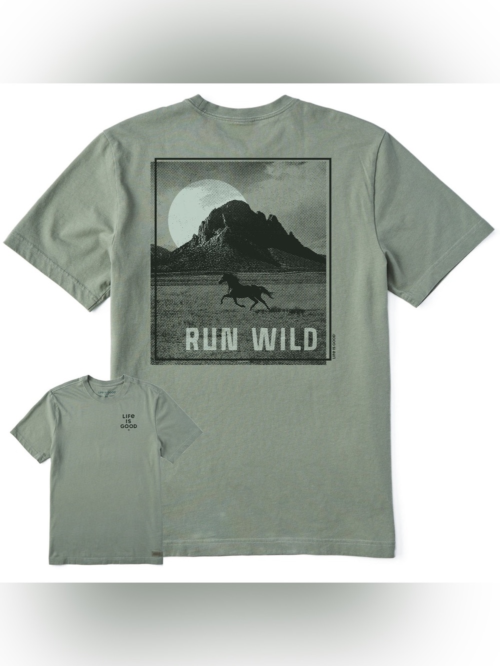 NWT Life is Good Men's Run Wild Short Horse Sleeve  Crusher Tee Moss Green Large